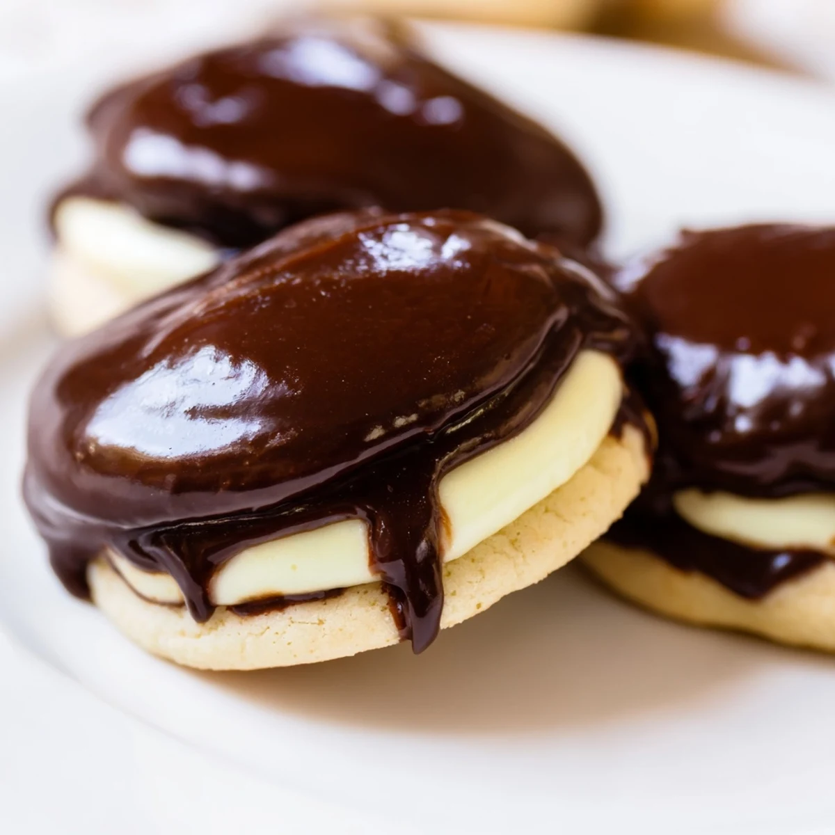 Bite-sized Boston cream pie cookie sandwiches featuring rich chocolate coating and creamy vanilla custard center