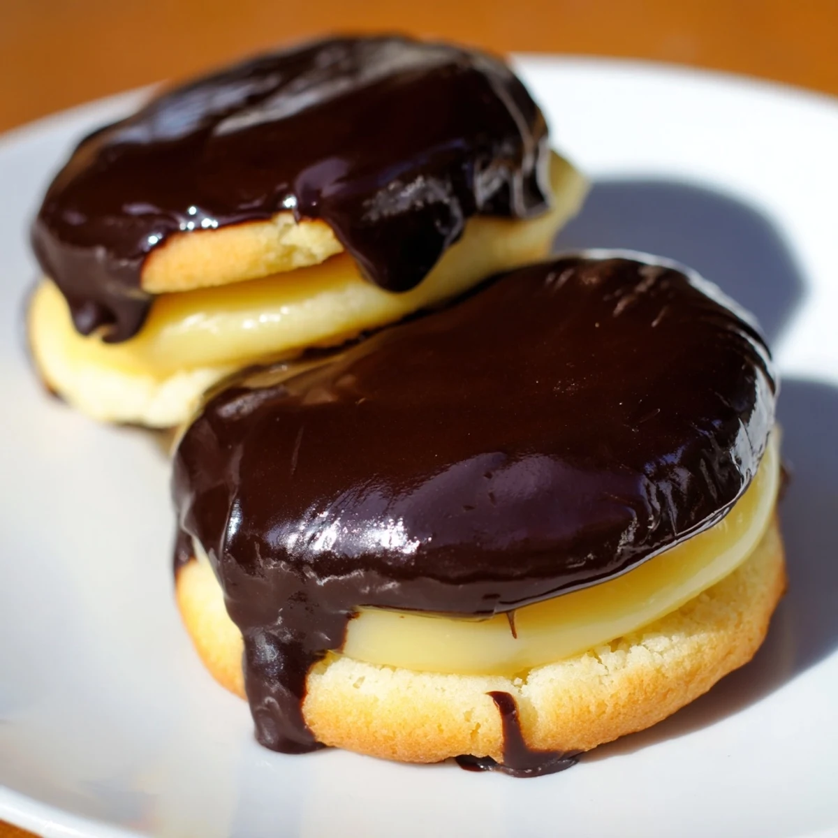 Soft vanilla cookie sandwiches filled with custard and dipped in chocolate for Boston cream pie cookie bites
