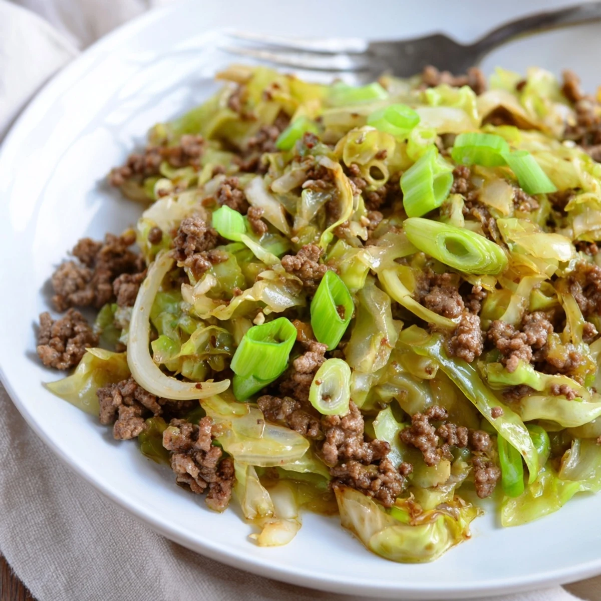 Golden brown low carb Mongolian ground beef and cabbage stir-fry in a white bowl garnished with fresh green onion slices