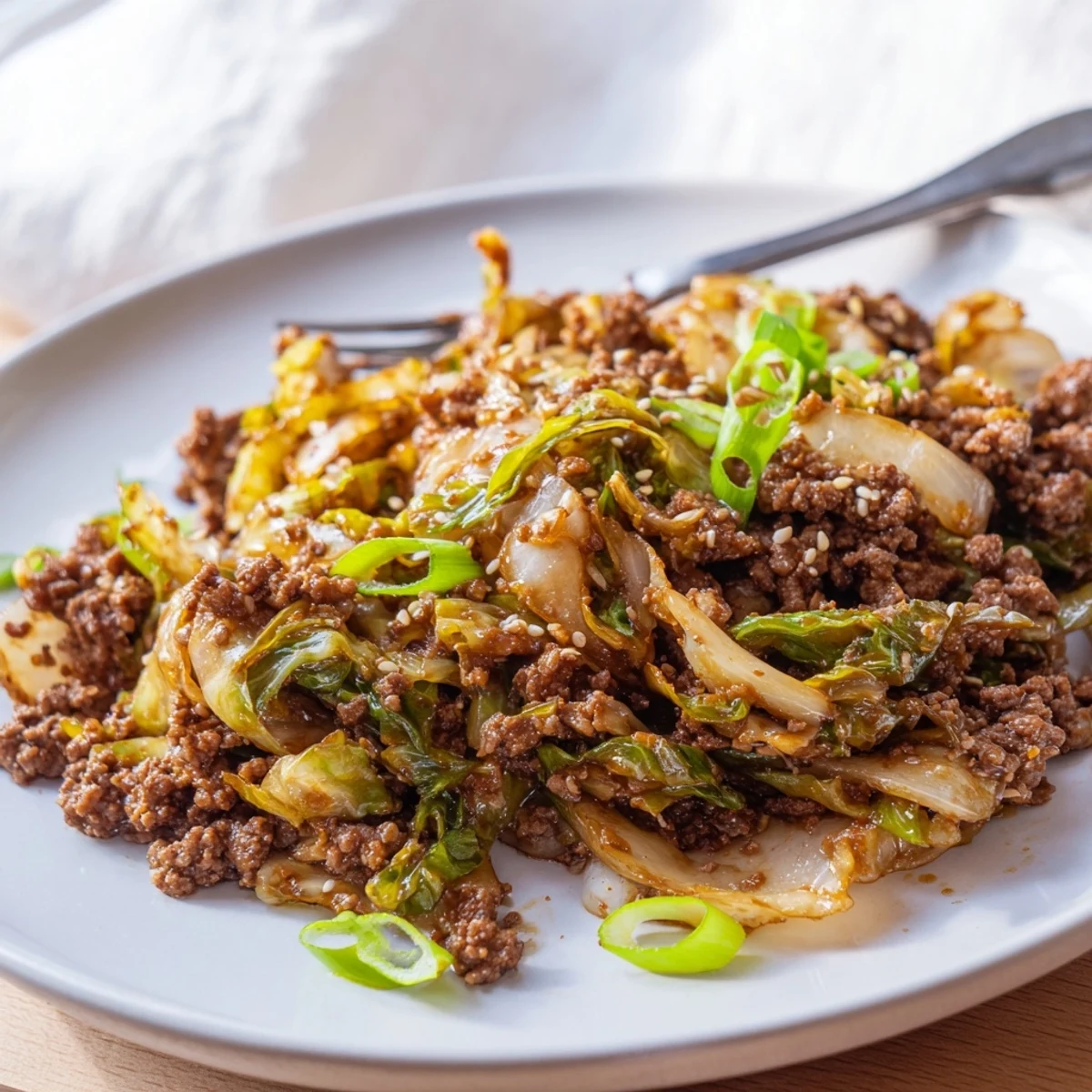 Savory skillet of tender cabbage and seasoned ground beef tossed in glossy Mongolian sauce ready for serving