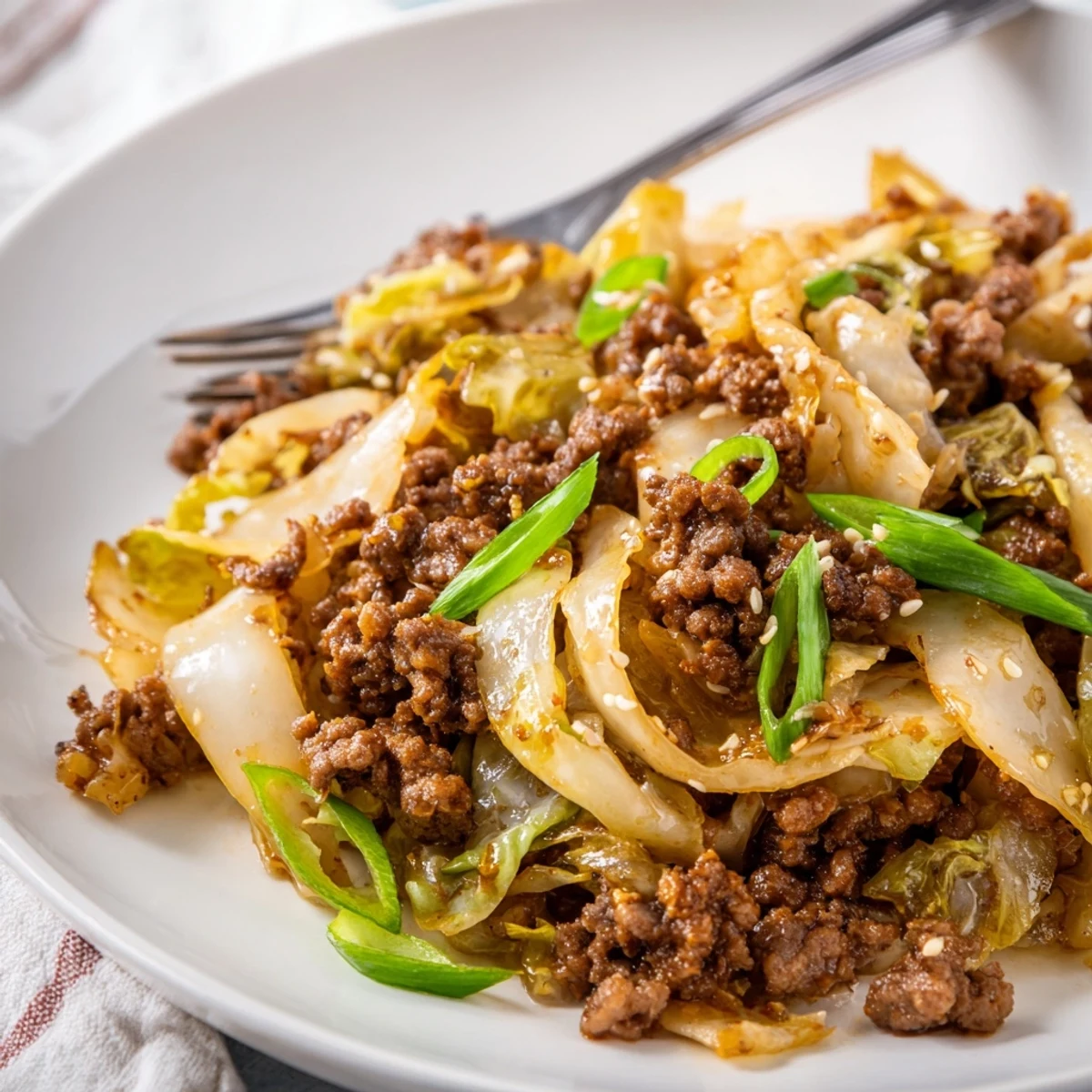 Steaming plate of Asian-inspired low carb Mongolian ground beef and cabbage with vibrant green onion toppings