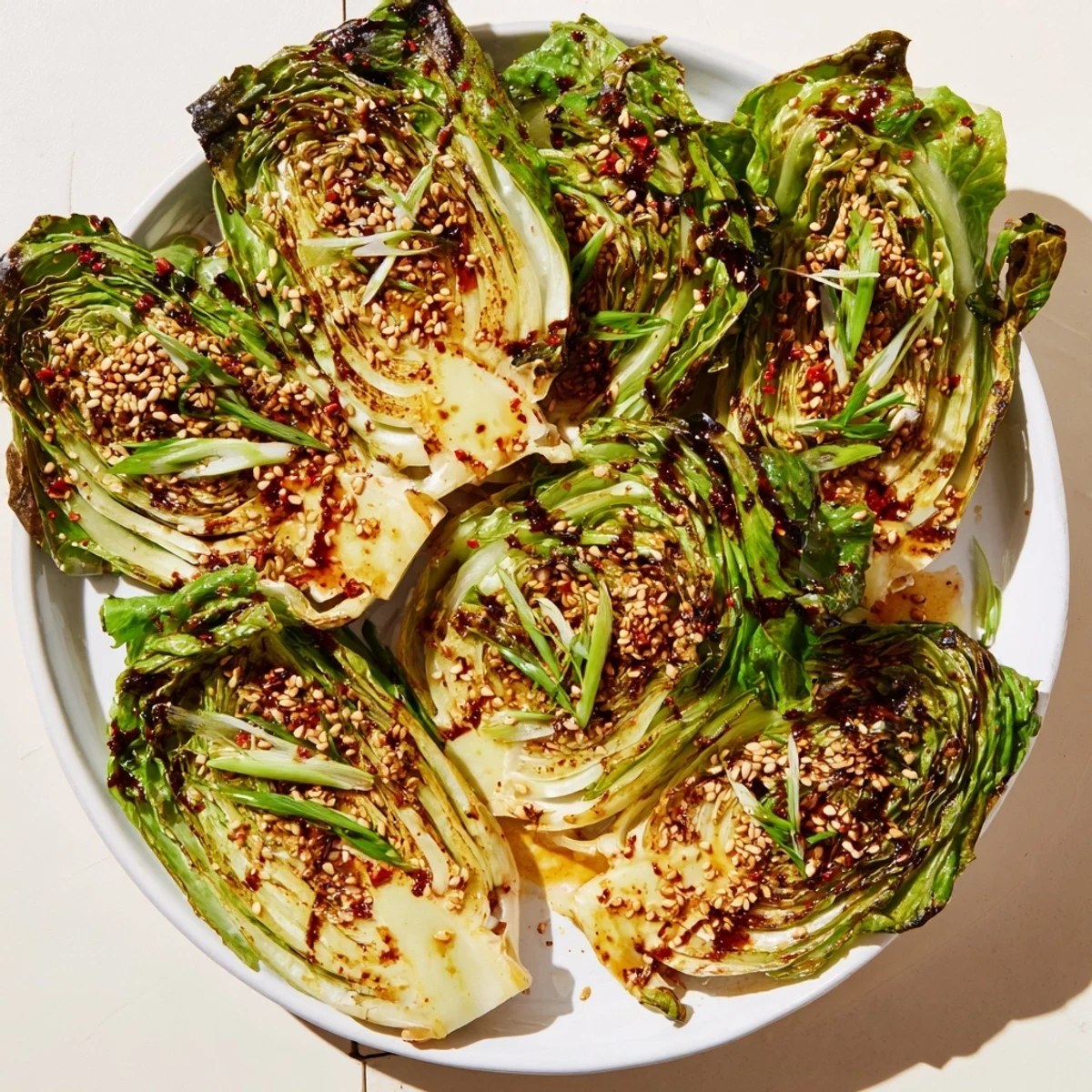 Golden roasted miso butter cabbage wedges drizzled with savory umami sauce and sesame seeds