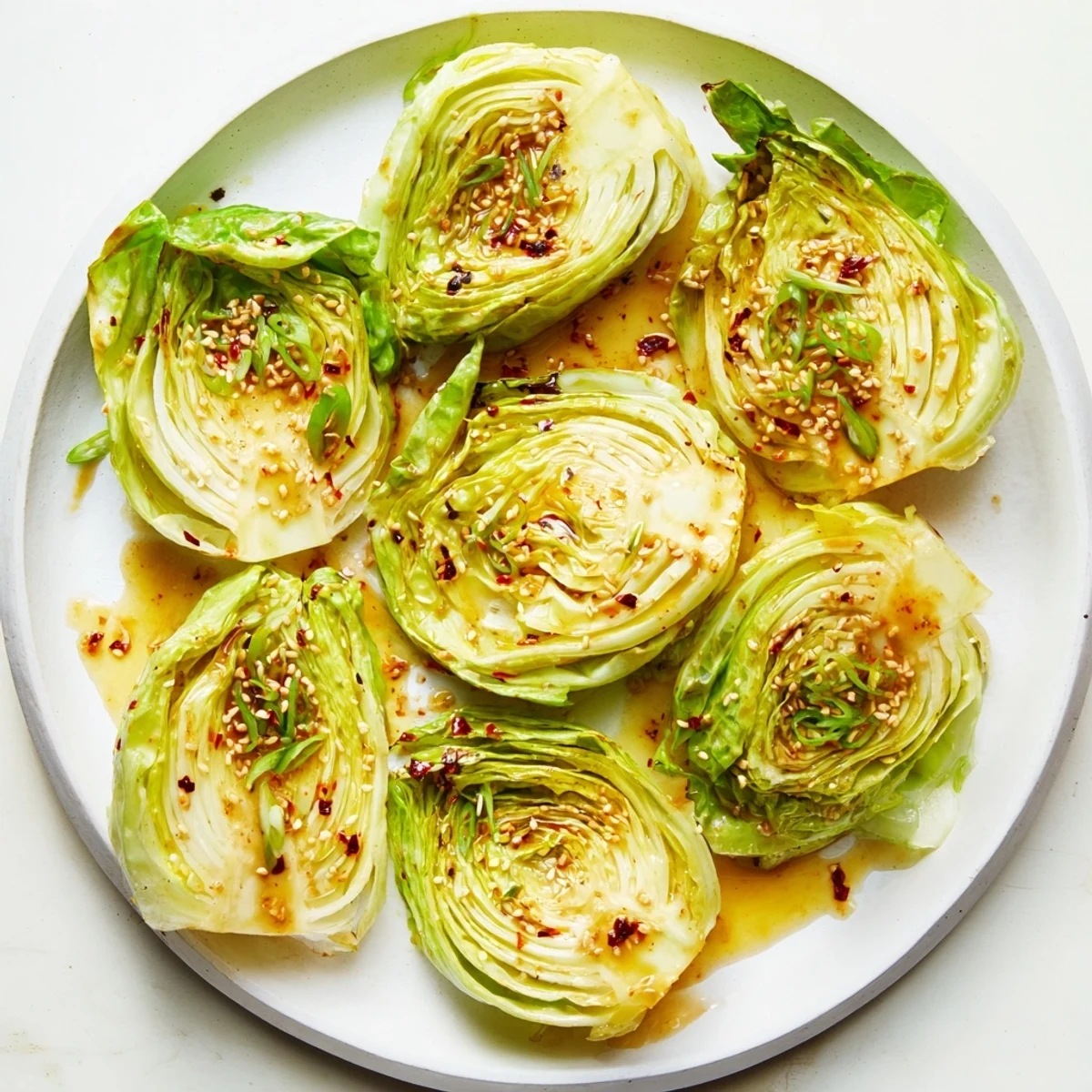 Oven-roasted cabbage wedges in rich miso butter sauce topped with toasted sesame and chili flakes