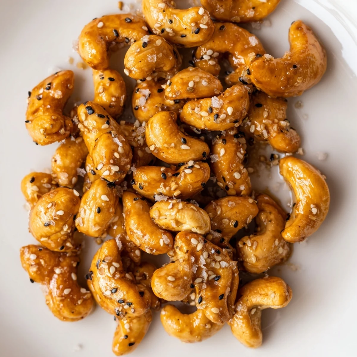 Golden brown honey sesame cashews scattered on a white baking sheet with toasted seeds coating each crunchy nut perfectly