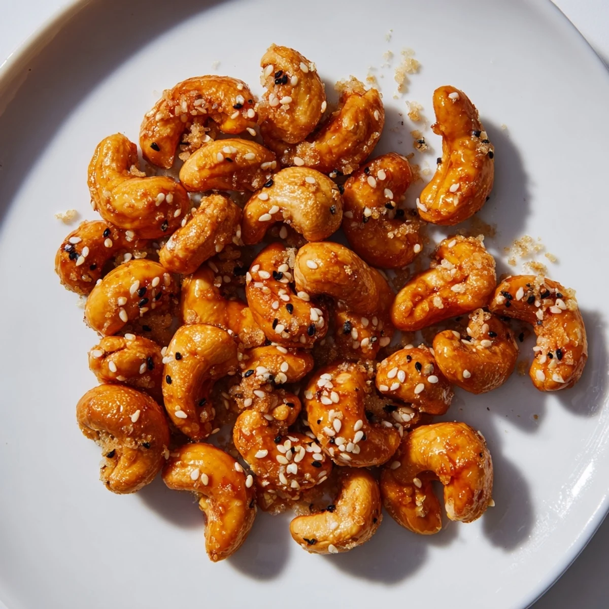 Close up of glossy honey glazed cashews topped with a generous sprinkle of white and black sesame seeds