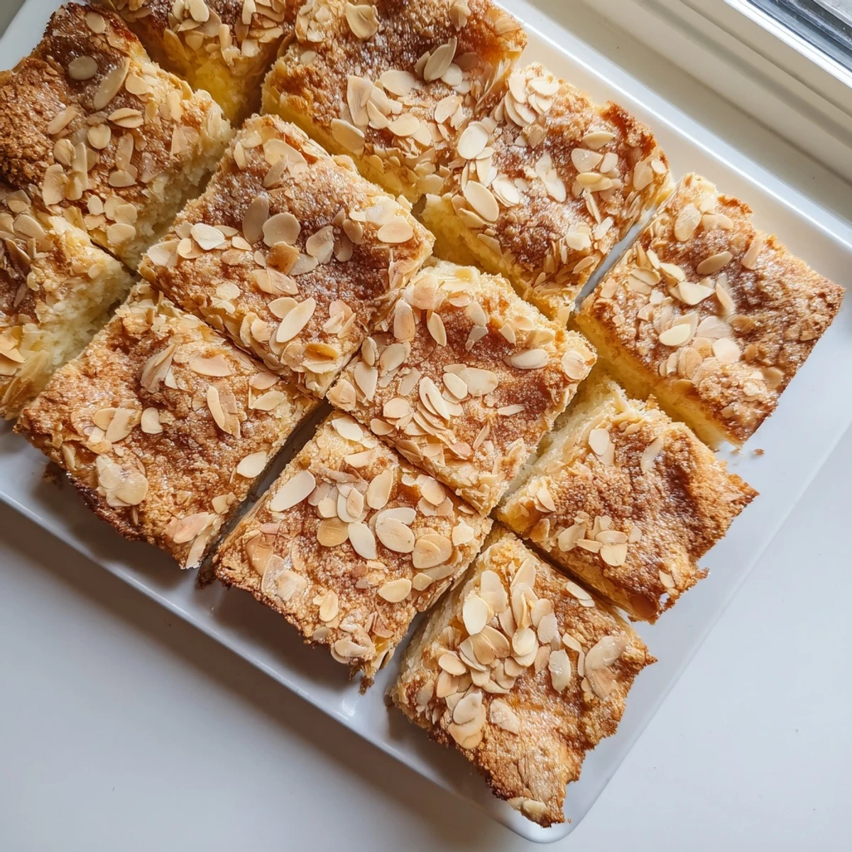 Golden Easy Ricotta Cloud Squares with toasted almond crunch topping on a white plate