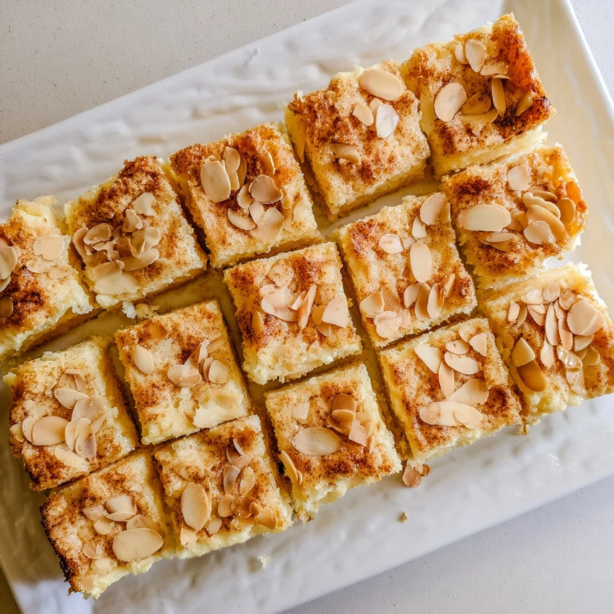 Square slice of Easy Ricotta Cloud Squares featuring sweet almonds and airy texture