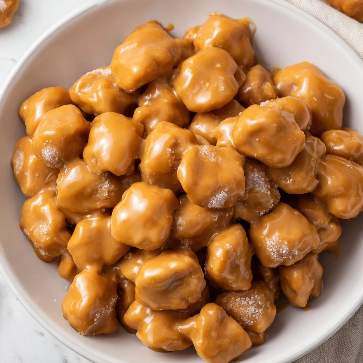 Heap of crispy caramel oyster crackers glistening with sweet glaze, ready for party serving
