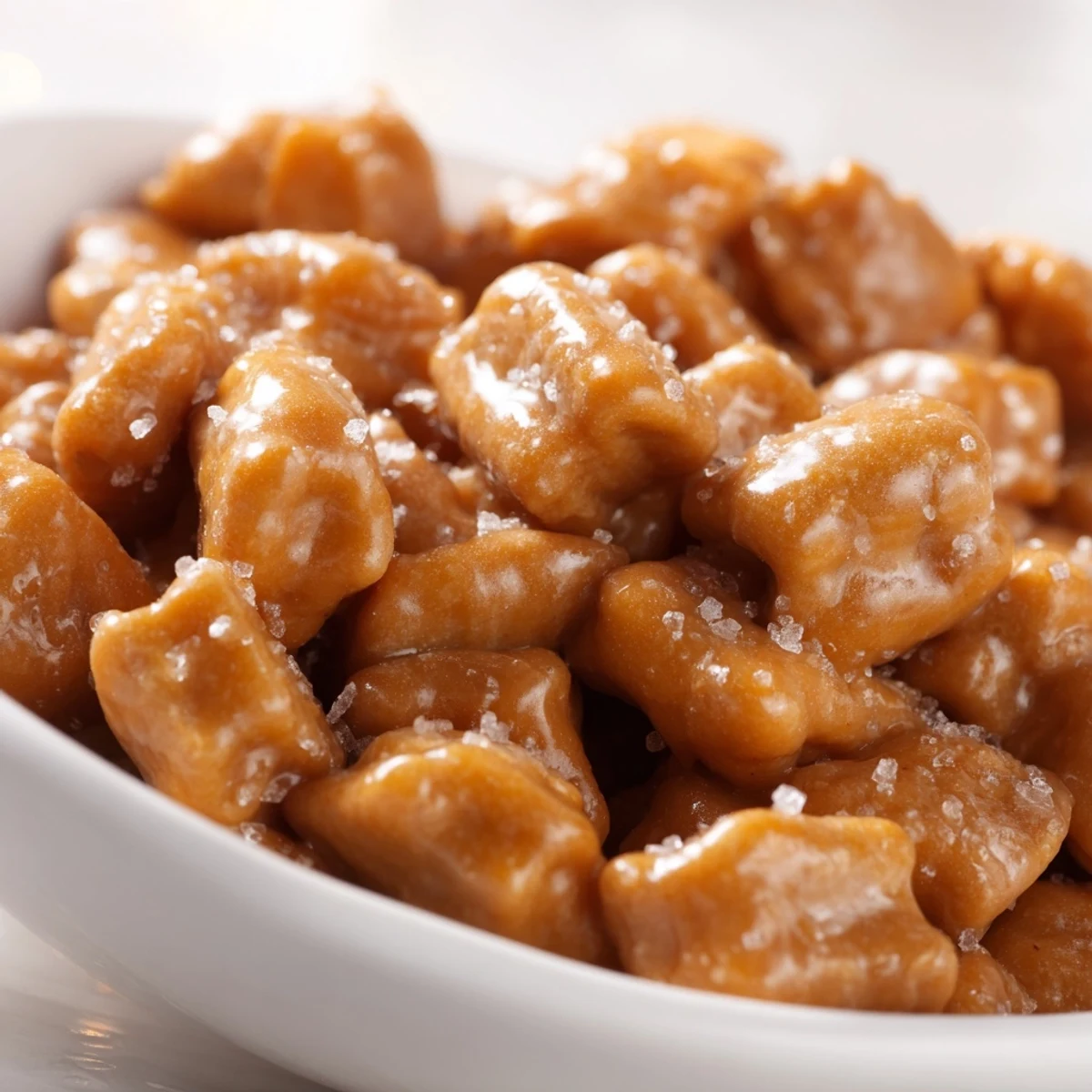 Close up of caramel crunch oyster crackers scattered on parchment, glossy and golden brown
