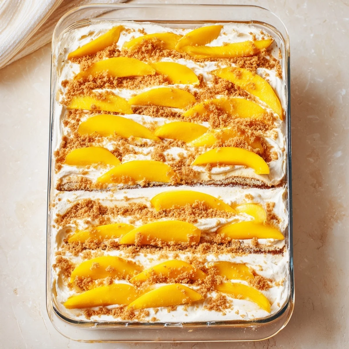 Chilled square glass dish showing creamy Filipino Mango Float topped with vibrant yellow mango wedges and cracker crumbs