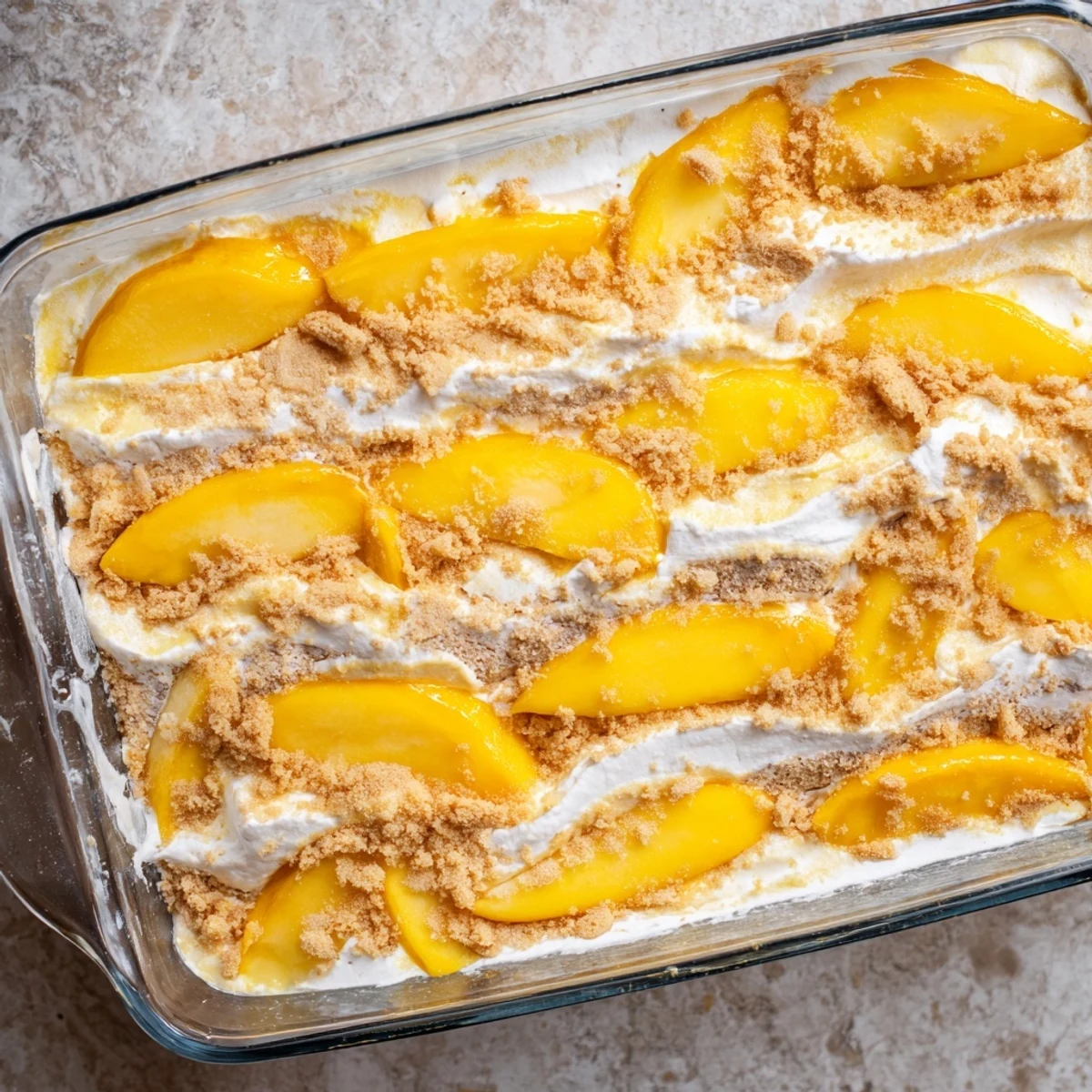 Luscious no-bake Filipino Mango Float with alternating layers of fluffy whipped cream and tropical mango slices