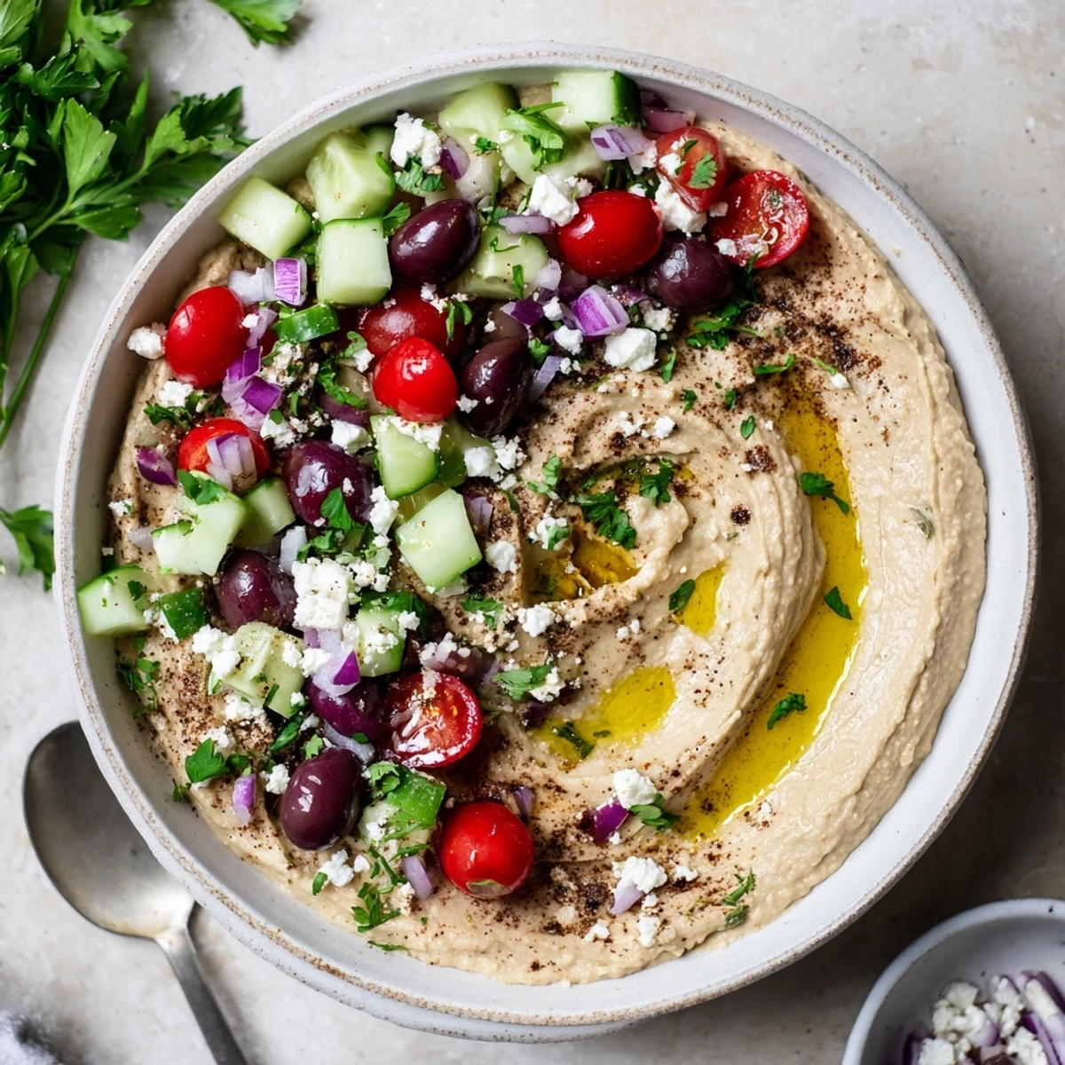 Creamy Greek Style Loaded Hummus topped with fresh tomatoes, cucumber, olives, and crumbled feta cheese
