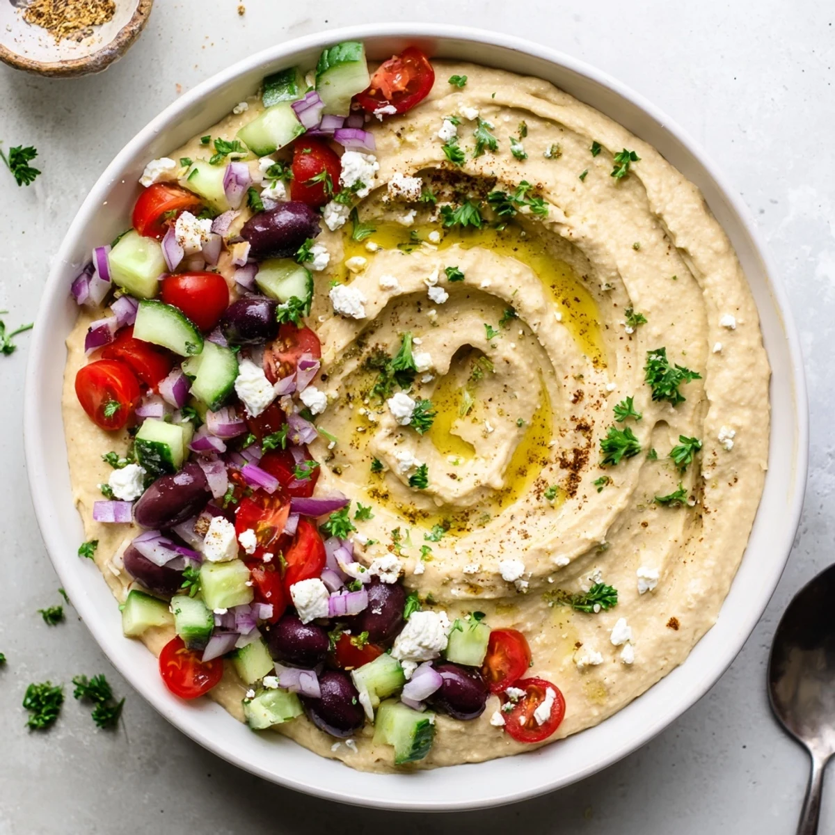 Vibrant Mediterranean spread featuring Greek Style Loaded Hummus garnished with colorful vegetables and savory Kalamata olives