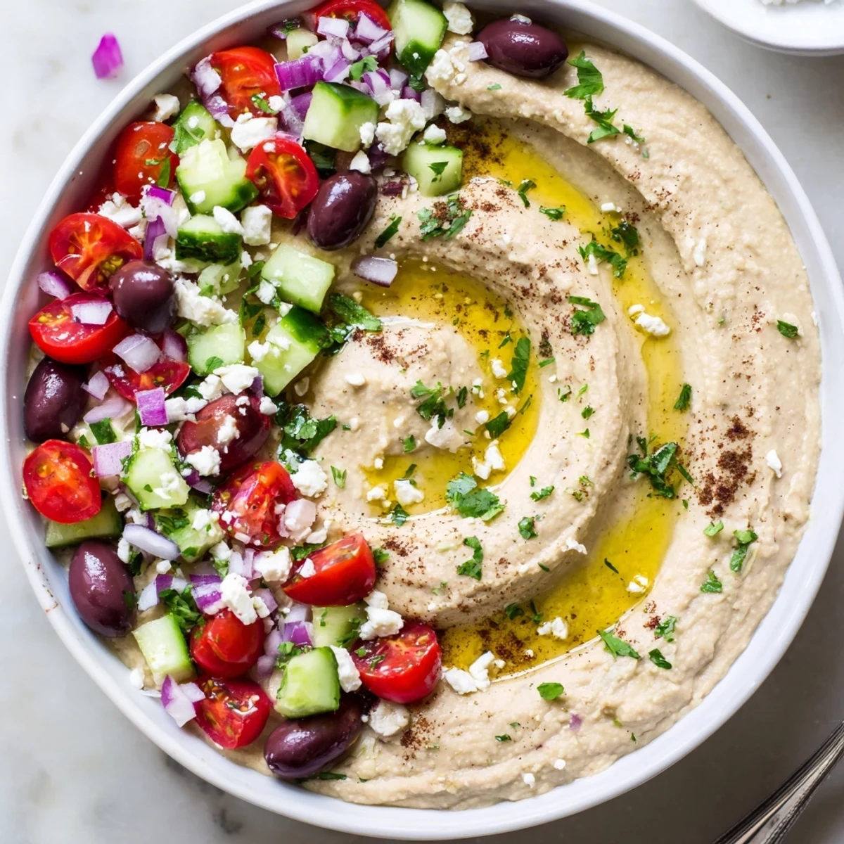Smooth Greek Style Loaded Hummus drizzled with olive oil and sprinkled with parsley for an inviting appetizer presentation
