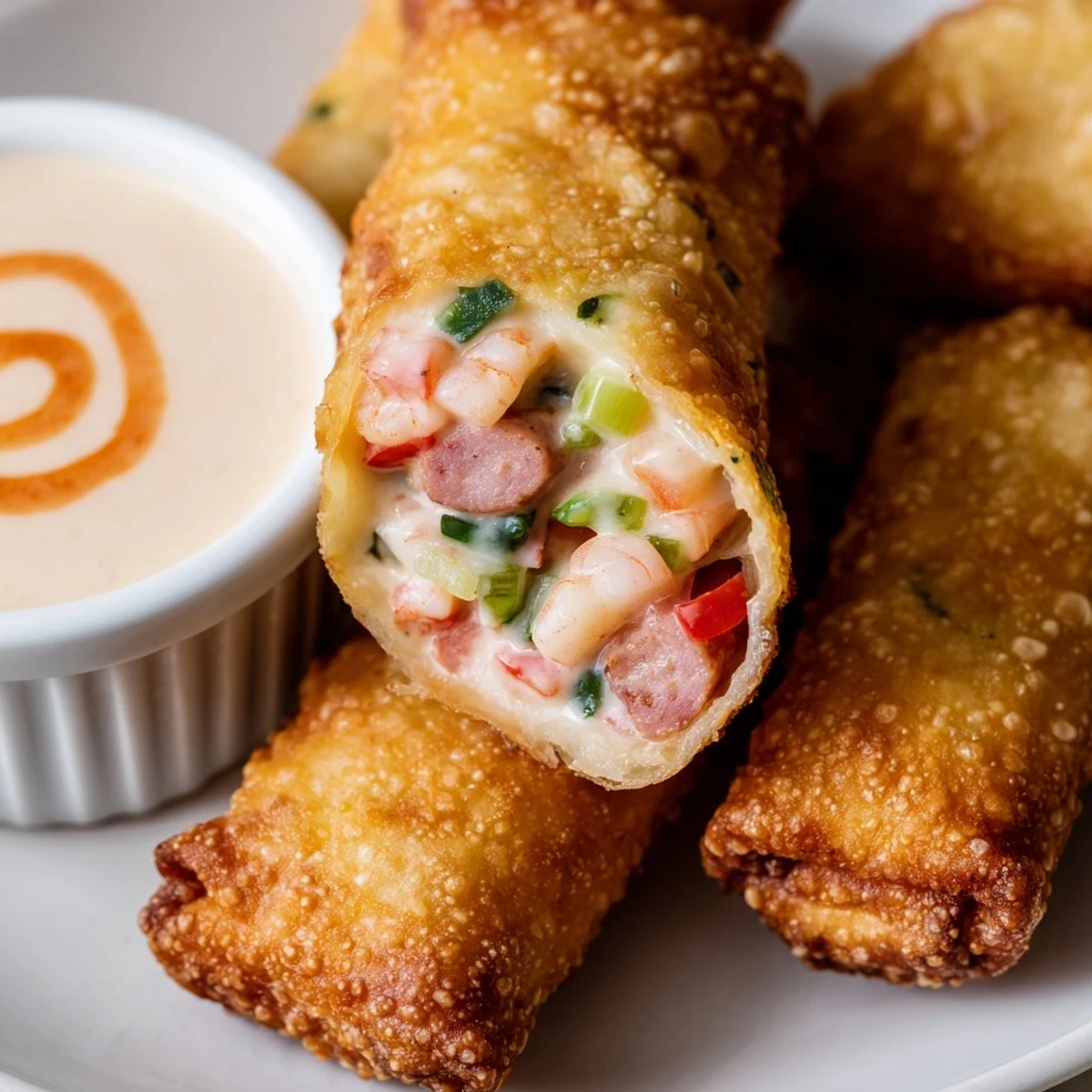 Golden crispy Voodoo Egg rolls filled with spicy andouille sausage and shrimp