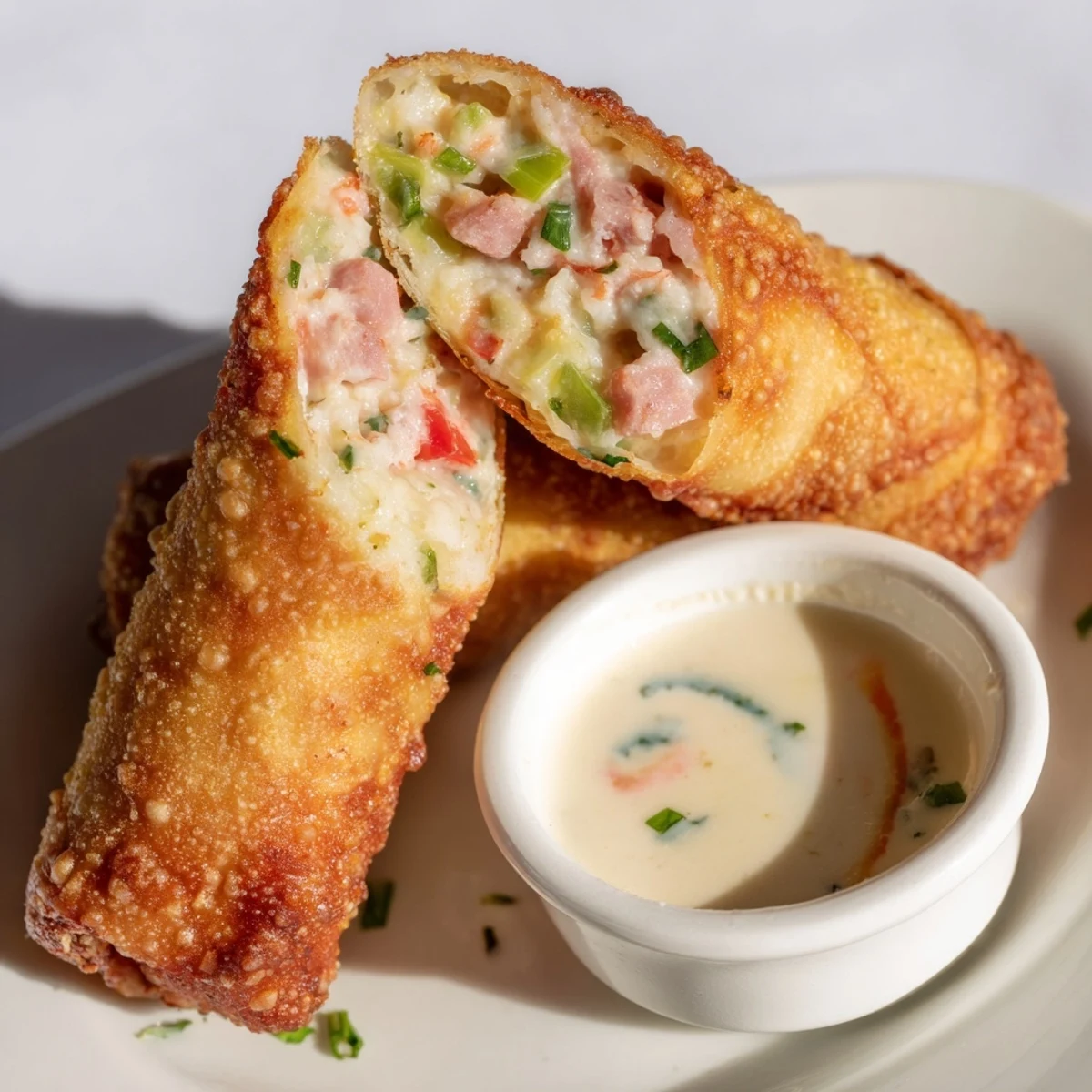 Pan-fried Voodoo Egg rolls showcasing bell pepper and shrimp filling through golden wrapper