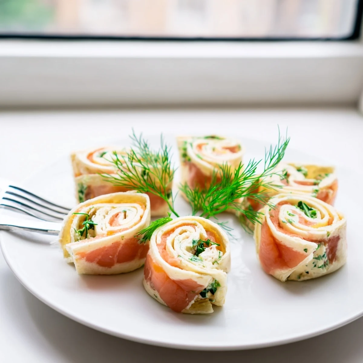 Delicate smoked salmon roll ups arranged neatly on a rectangular board, showcasing the pink salmon and green herb filling