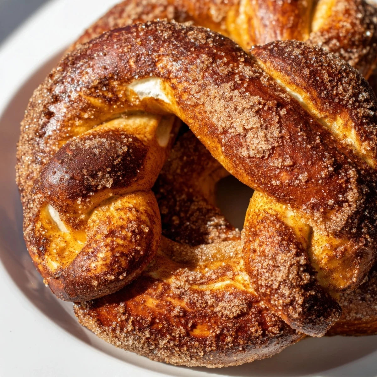 Golden brown cinnamon sugar soft pretzels brushed with melted butter and coated in sweet spice