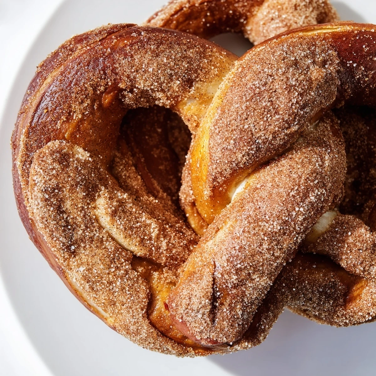 Freshly baked soft pretzels twisted into classic shape and dusted with aromatic cinnamon sugar mixture
