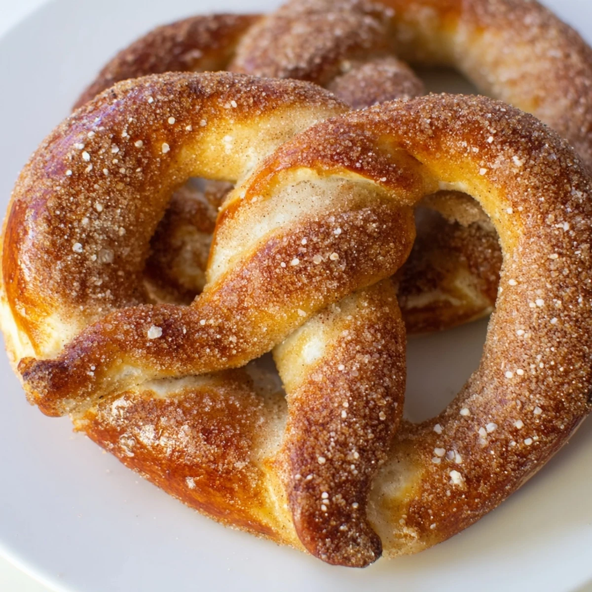 Warm homemade cinnamon sugar soft pretzels served on a wooden board with generous sugar coating