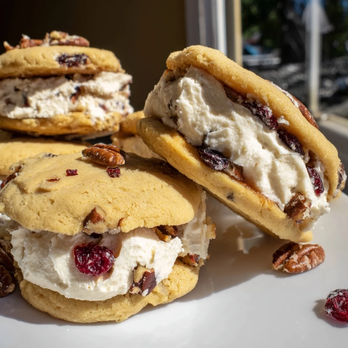 Close-up of cranberry pecan sandwich cookies showing tart red berries and nutty butter layers