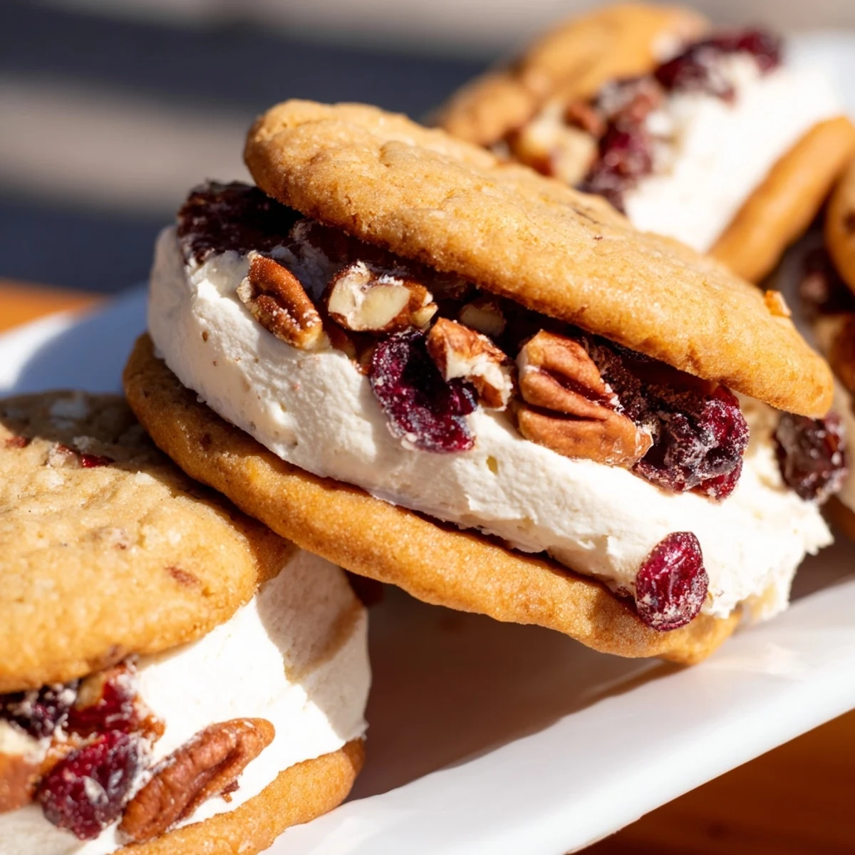 Golden cranberry pecan sandwich cookies with creamy cream cheese filling on a white plate