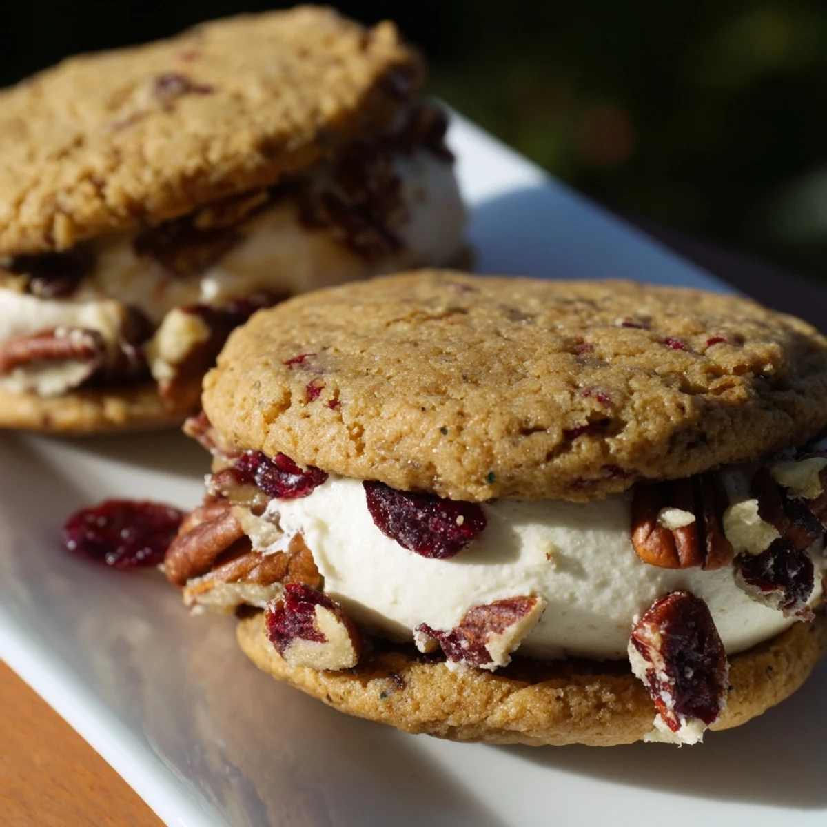 Stack of cranberry pecan sandwich cookies with luscious cream cheese centers and toasted nut edges