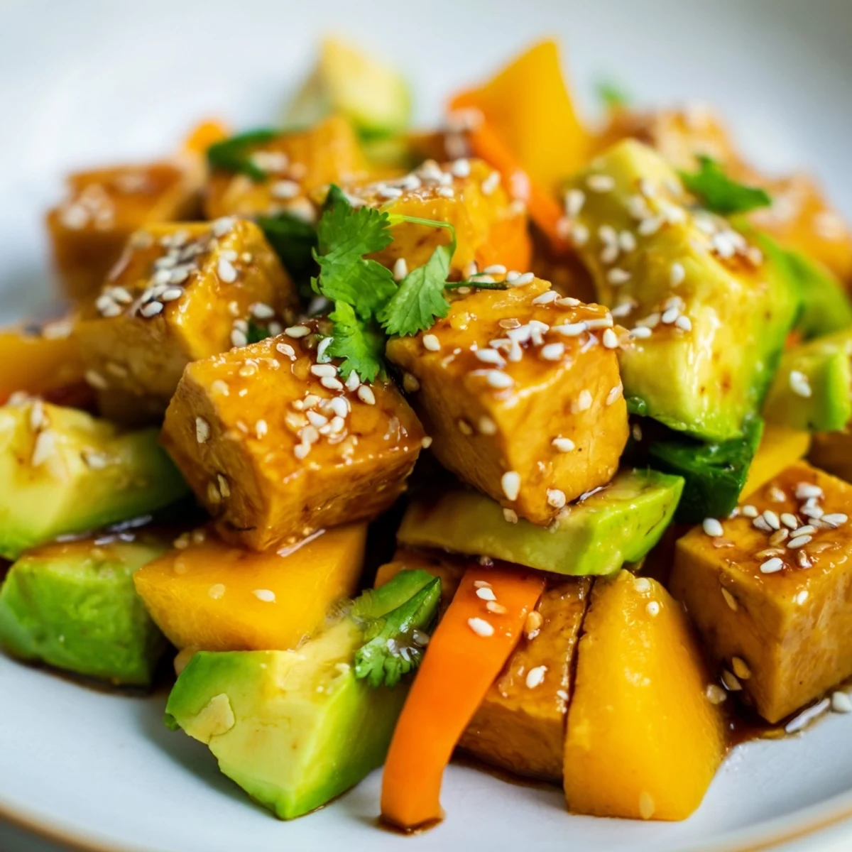 Colorful avocado mango poke salad bowl with marinated tofu and fresh vegetables arranged on sushi rice