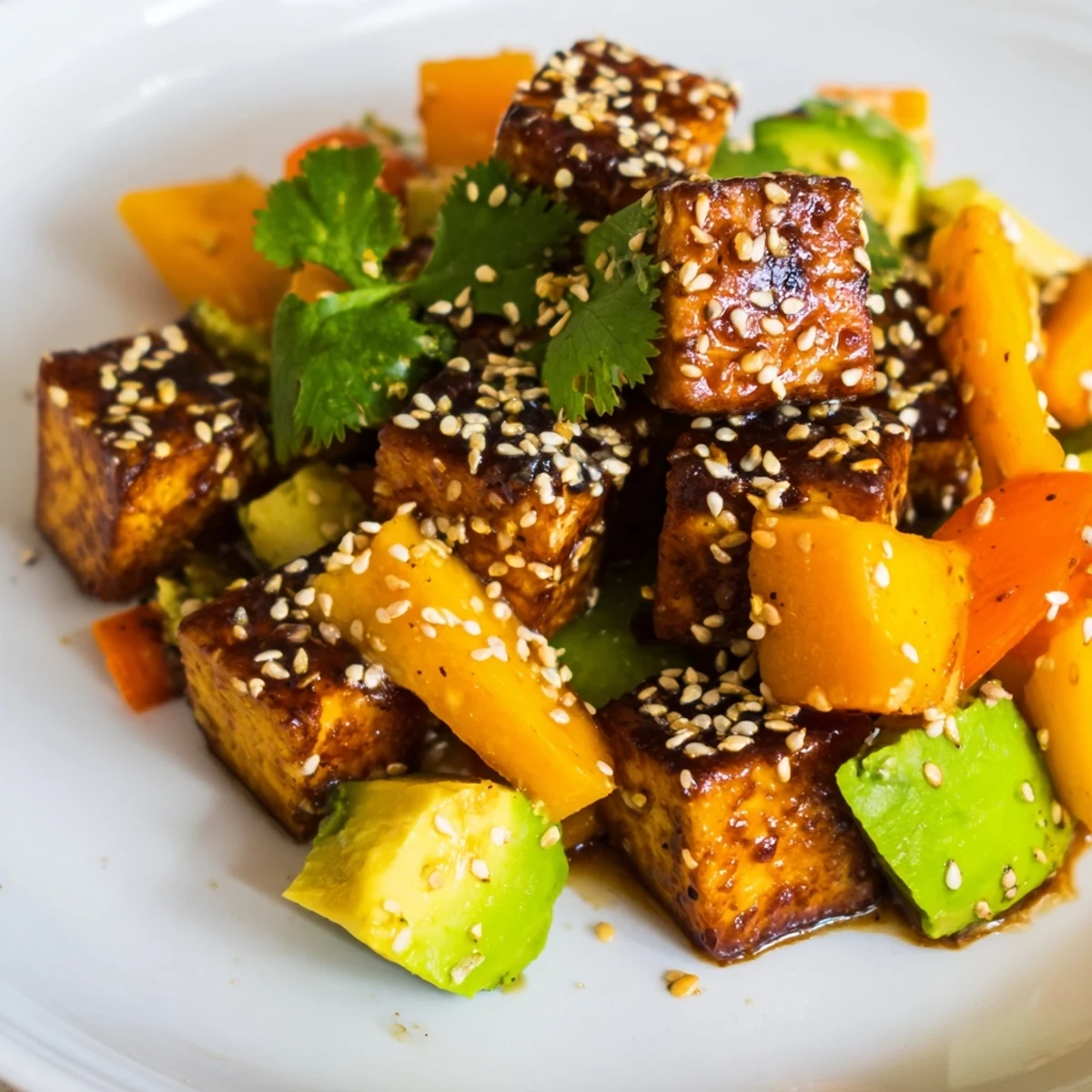 Fresh Hawaiian-inspired avocado mango poke salad featuring creamy avocado cubes and sweet mango over rice