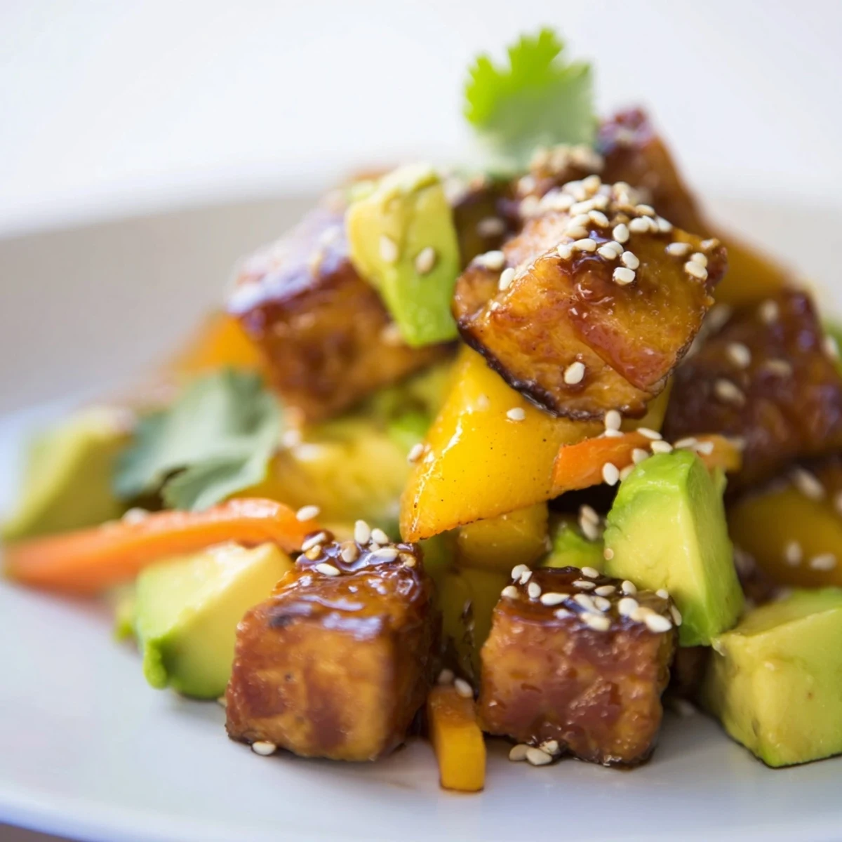 Vibrant bowl of avocado mango poke salad topped with sesame seeds, cilantro, and marinated tofu cubes