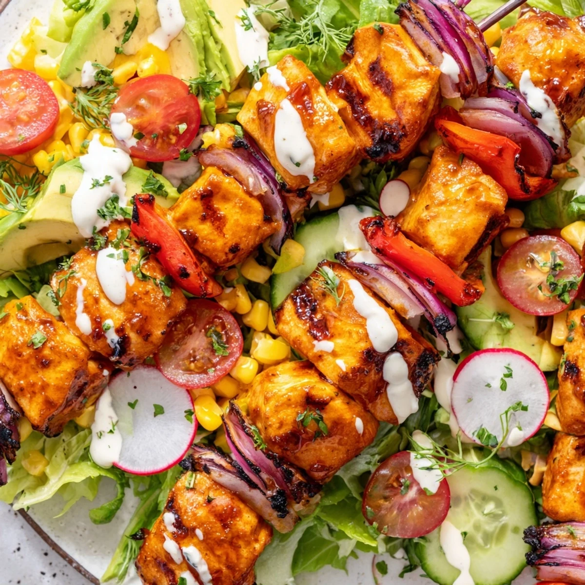 Juicy grilled BBQ chicken skewer salad featuring colorful vegetables and creamy herby ranch dressing