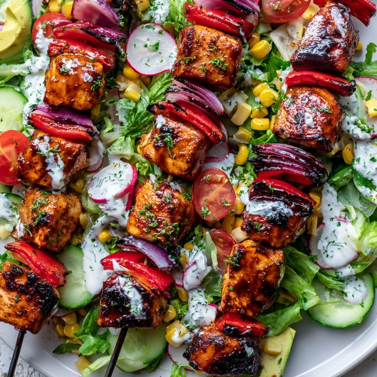 BBQ chicken skewer salad arranged with fresh greens, cherry tomatoes, and avocado slices
