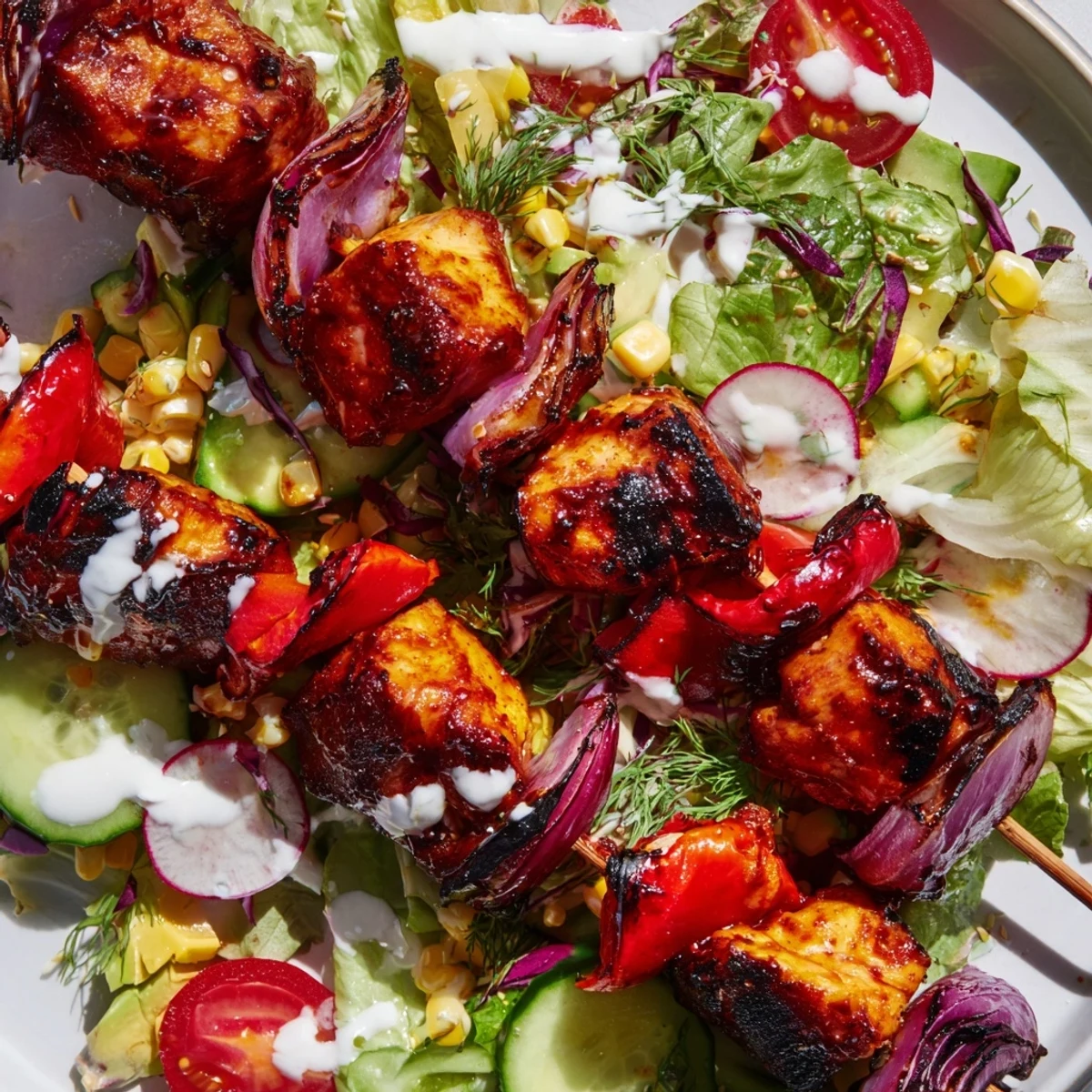 Golden BBQ chicken skewers resting atop crisp salad drizzled with homemade herby ranch