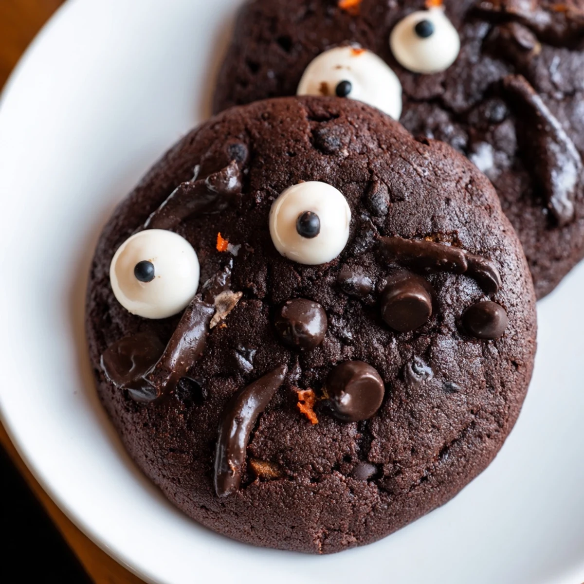 Chocolate Orange Freaky Face Cookies decorated with candy eyeballs and colorful sprinkles on a white plate