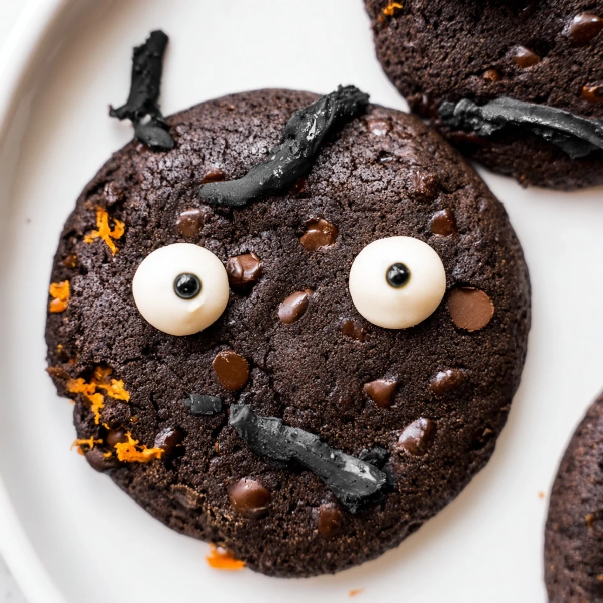 Spooky Halloween chocolate orange cookies with melted chocolate faces and orange zest garnish scattered on baking sheet