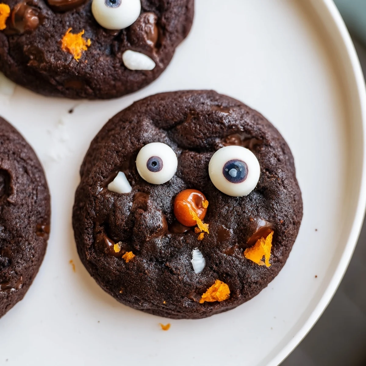 Kids decorating Chocolate Orange Freaky Face Cookies with edible eyes and gel icing for festive Halloween treats