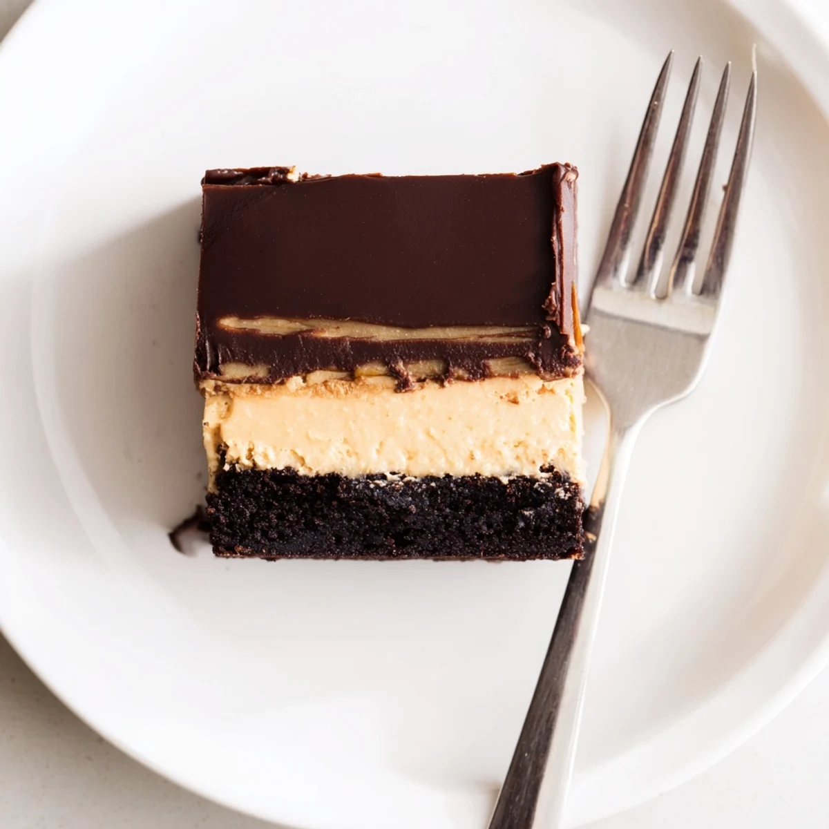 Rich fudgy brownies stacked with smooth peanut butter layer and glossy chocolate ganache topping