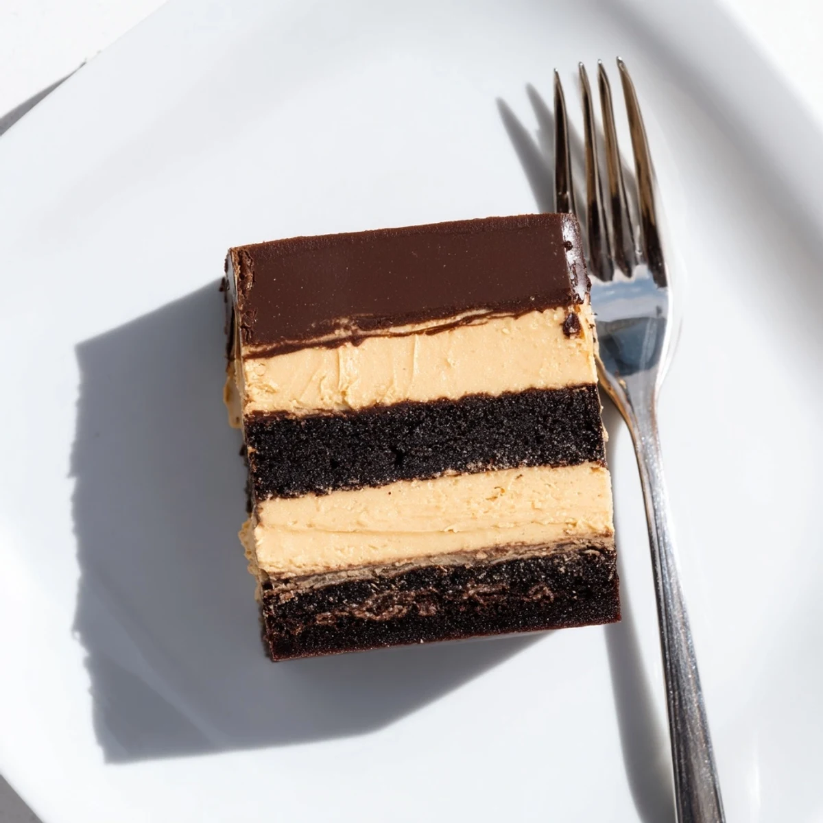 Decadent layered peanut butter brownies sliced into squares revealing three irresistible chocolate and peanut butter layers