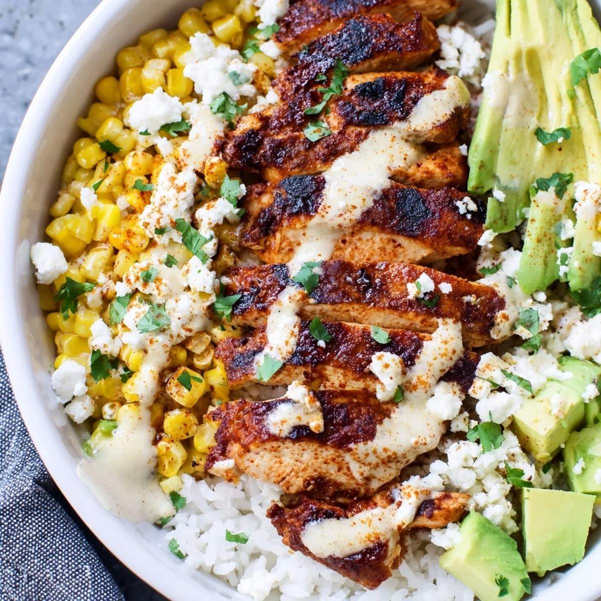 Vibrant street corn chicken rice bowl featuring grilled spiced chicken over fluffy rice topped with charred corn cotija cheese creamy sauce and fresh cilantro