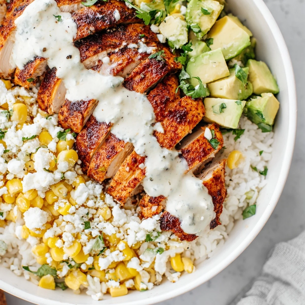 Serving of street corn chicken rice bowl in white dish showing juicy chicken corn kernels crumbled cheese and bright green cilantro garnish
