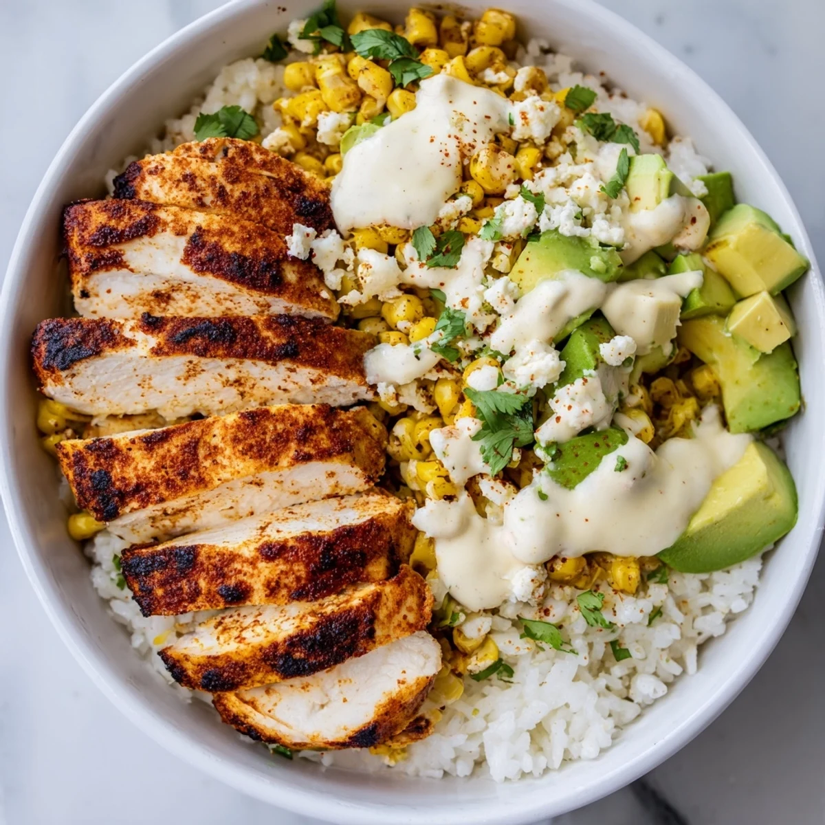 Close up of Mexican inspired street corn chicken rice bowl with sliced avocado lime wedges and drizzled crema sauce