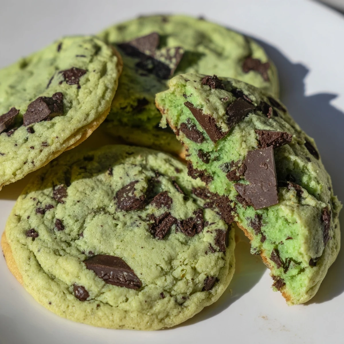 Freshly baked green mint chocolate chip cookies cooling on a wire rack with soft centers and golden edges