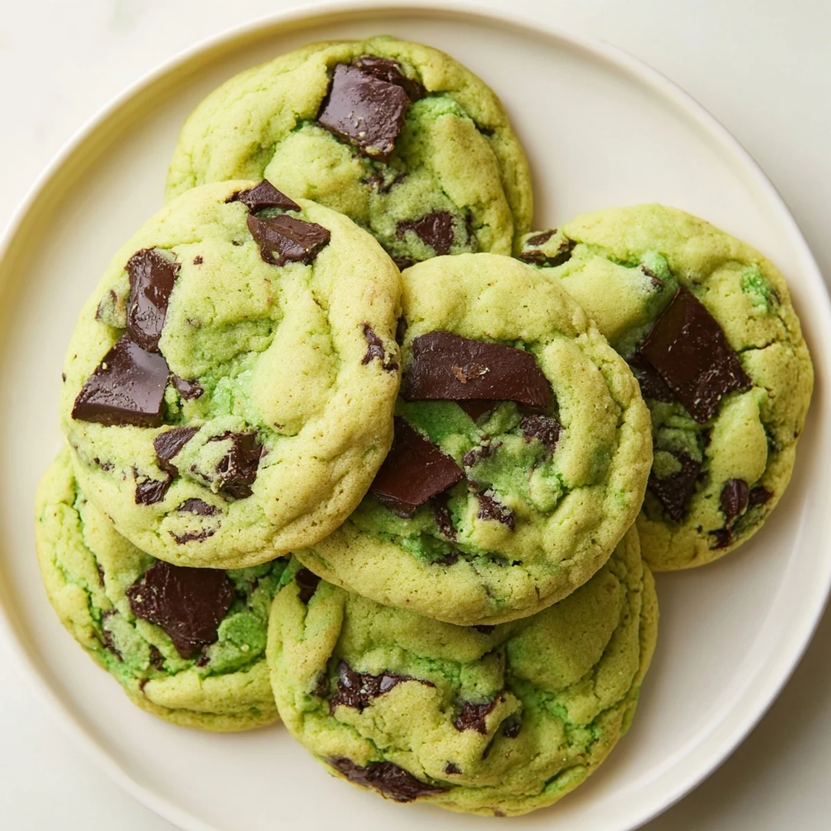 Close-up of chewy green mint chocolate chip cookies showing dark chocolate chunks and vibrant green dough
