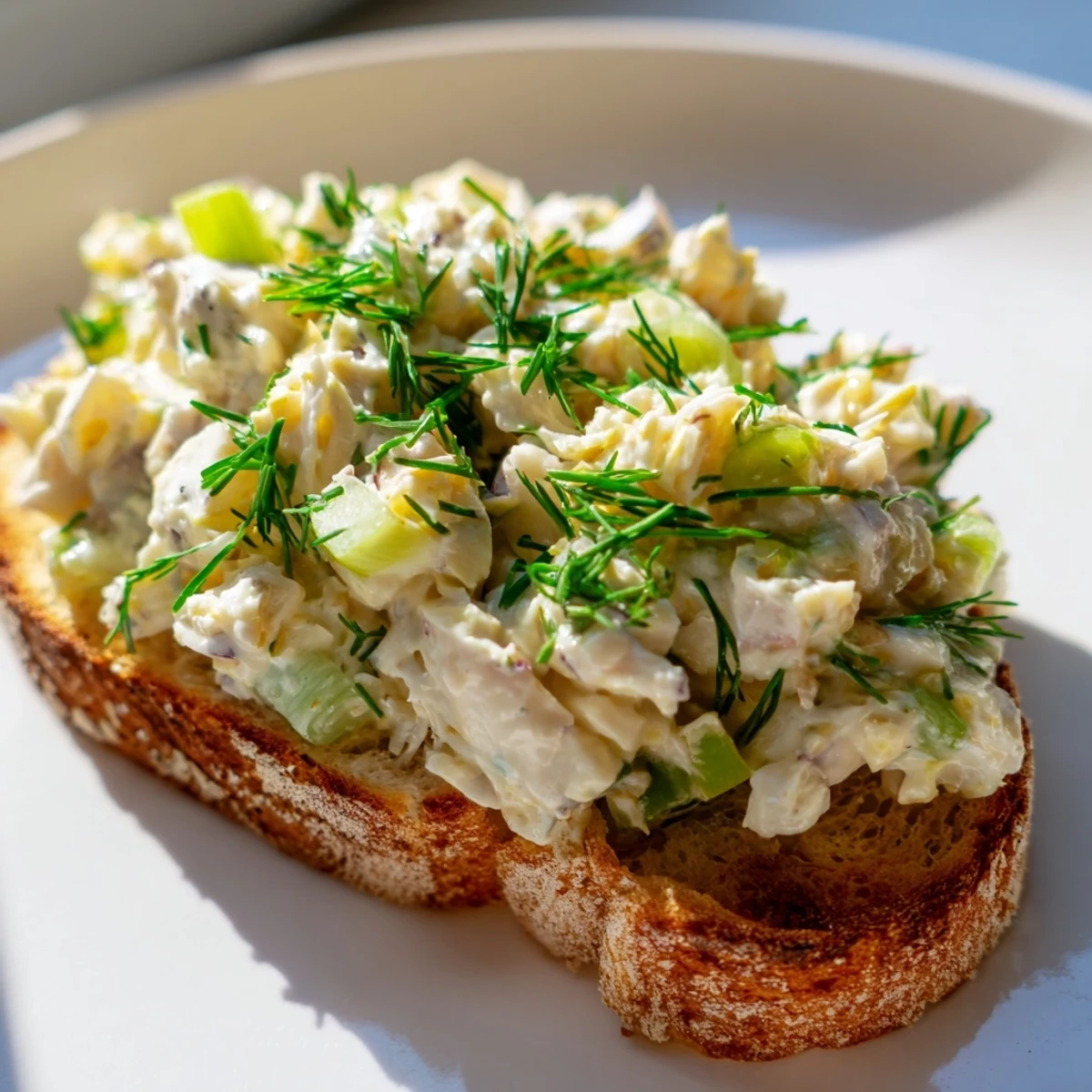 Golden sourdough crab toast piled high with creamy herb crab salad and fresh chives