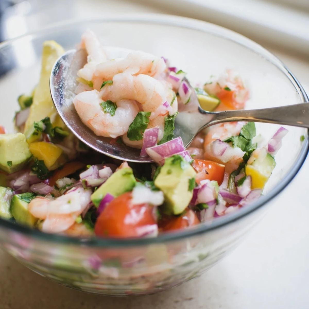 Fresh Easy Shrimp Ceviche with diced avocado, tomatoes, and cilantro in a white serving bowl