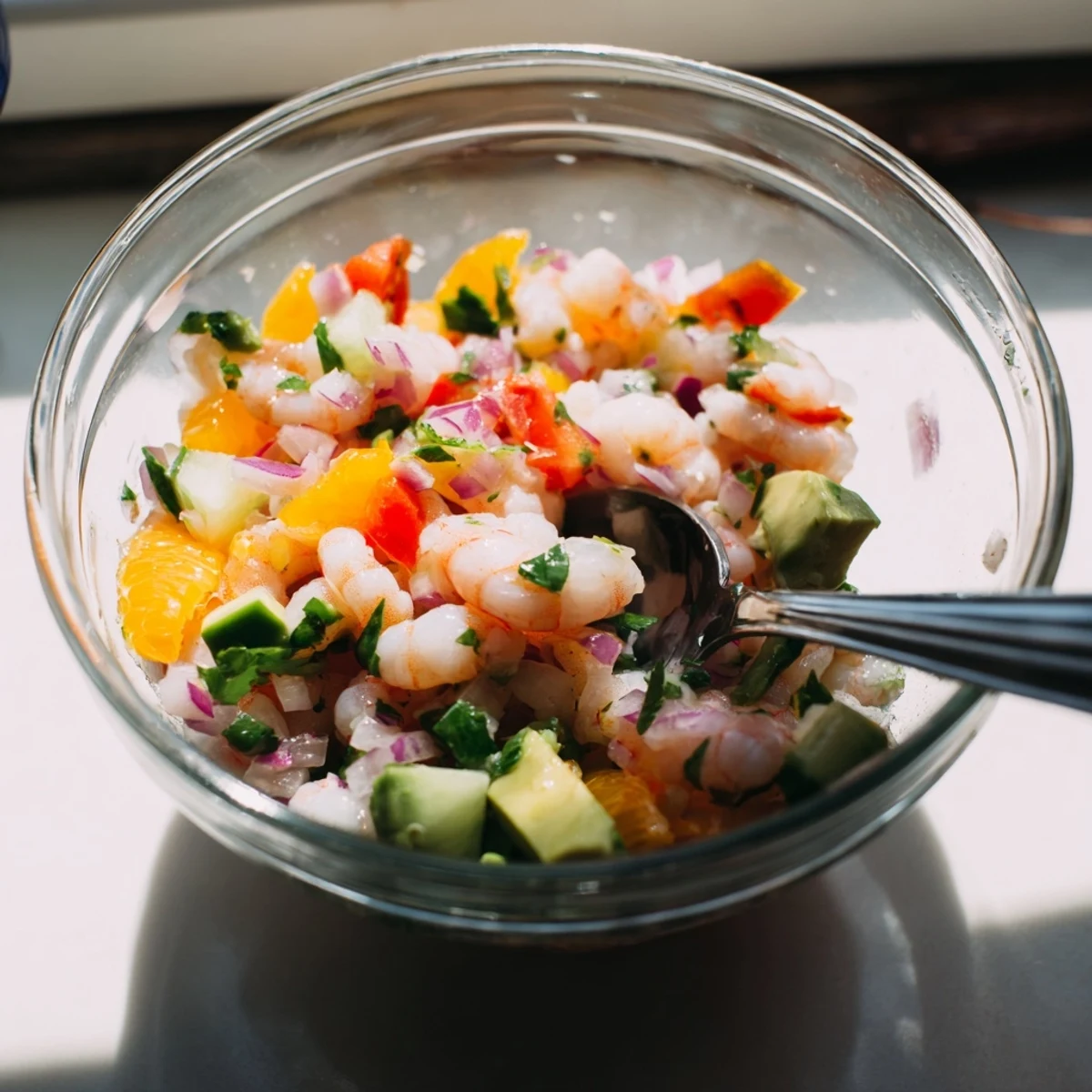 Colorful Easy Shrimp Ceviche bowl garnished with lime wedges and served with tortilla chips