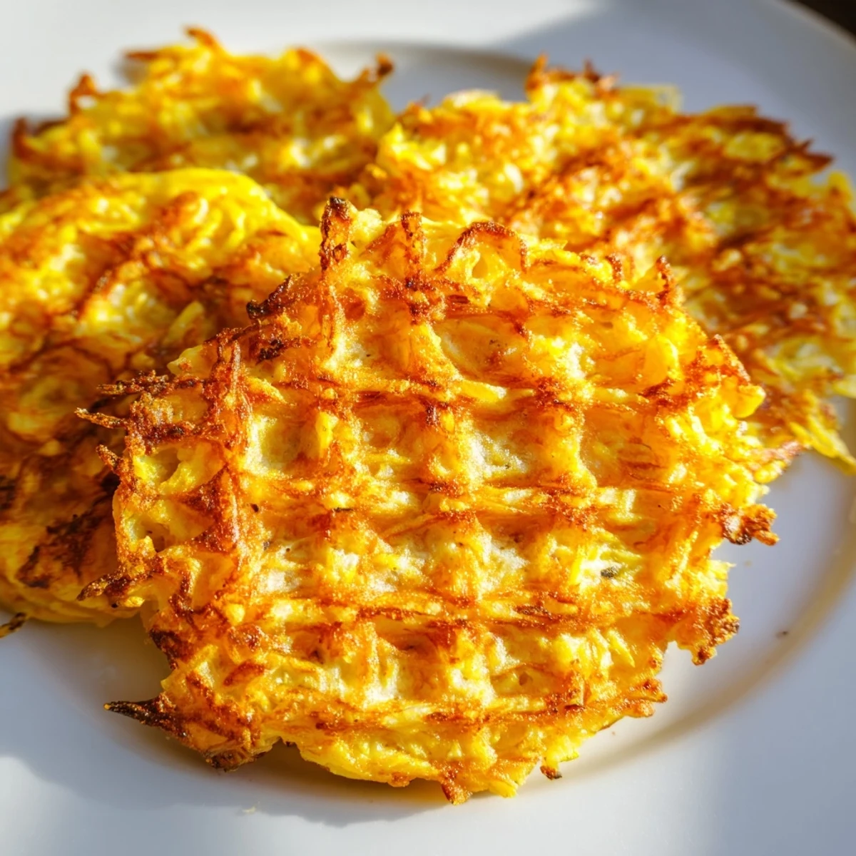 Golden brown crispy waffle iron hashbrowns served on a white plate with fresh herbs