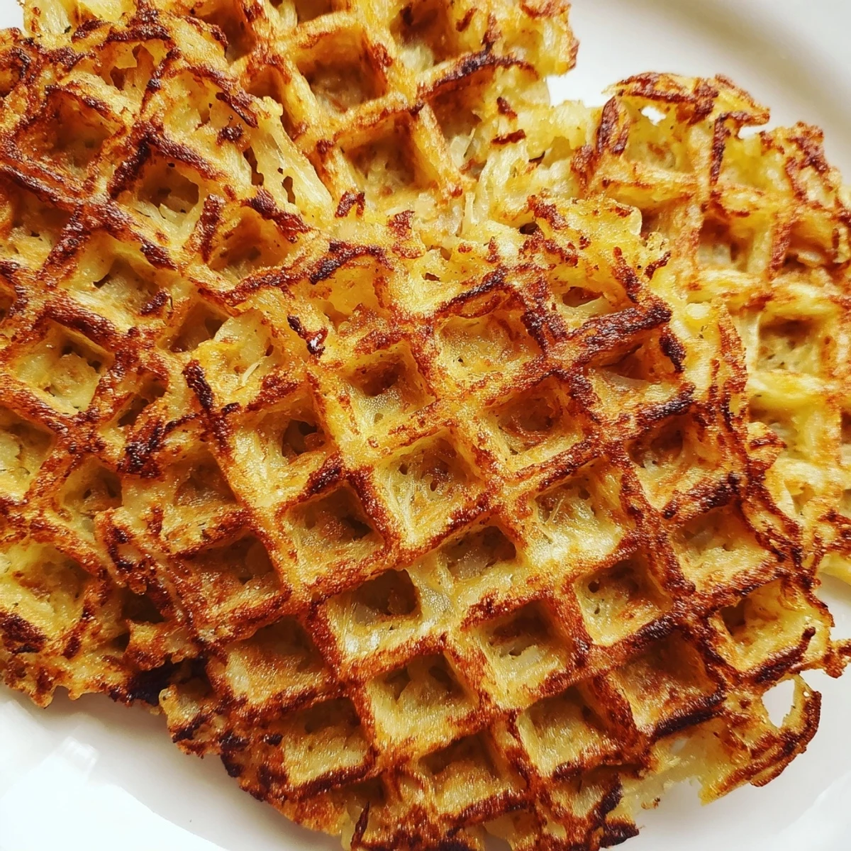 Deeply golden hashbrowns with waffle pattern texture arranged on a rustic wooden breakfast board