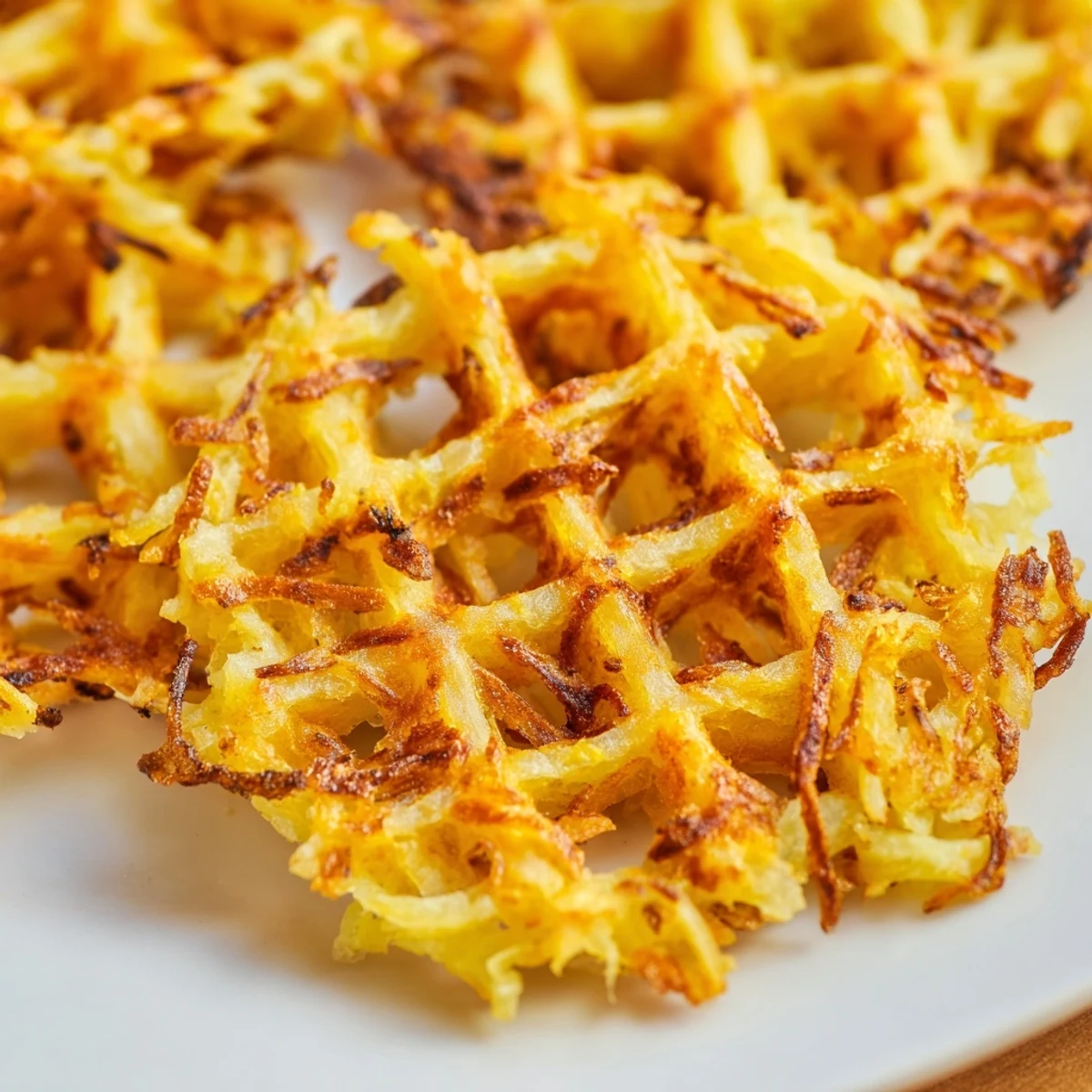 Crispy potato hashbrowns cooking in a preheated waffle iron with steam rising gently