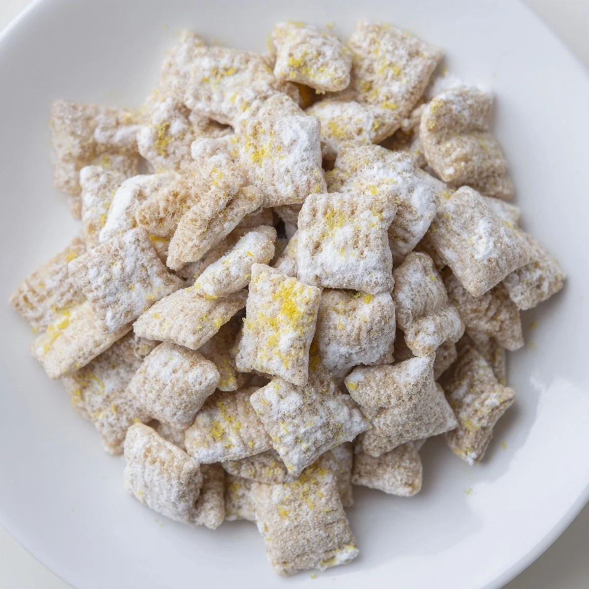 Bowl of lemonade puppy chow snack with white chocolate-coated cereal dusted in powdered sugar